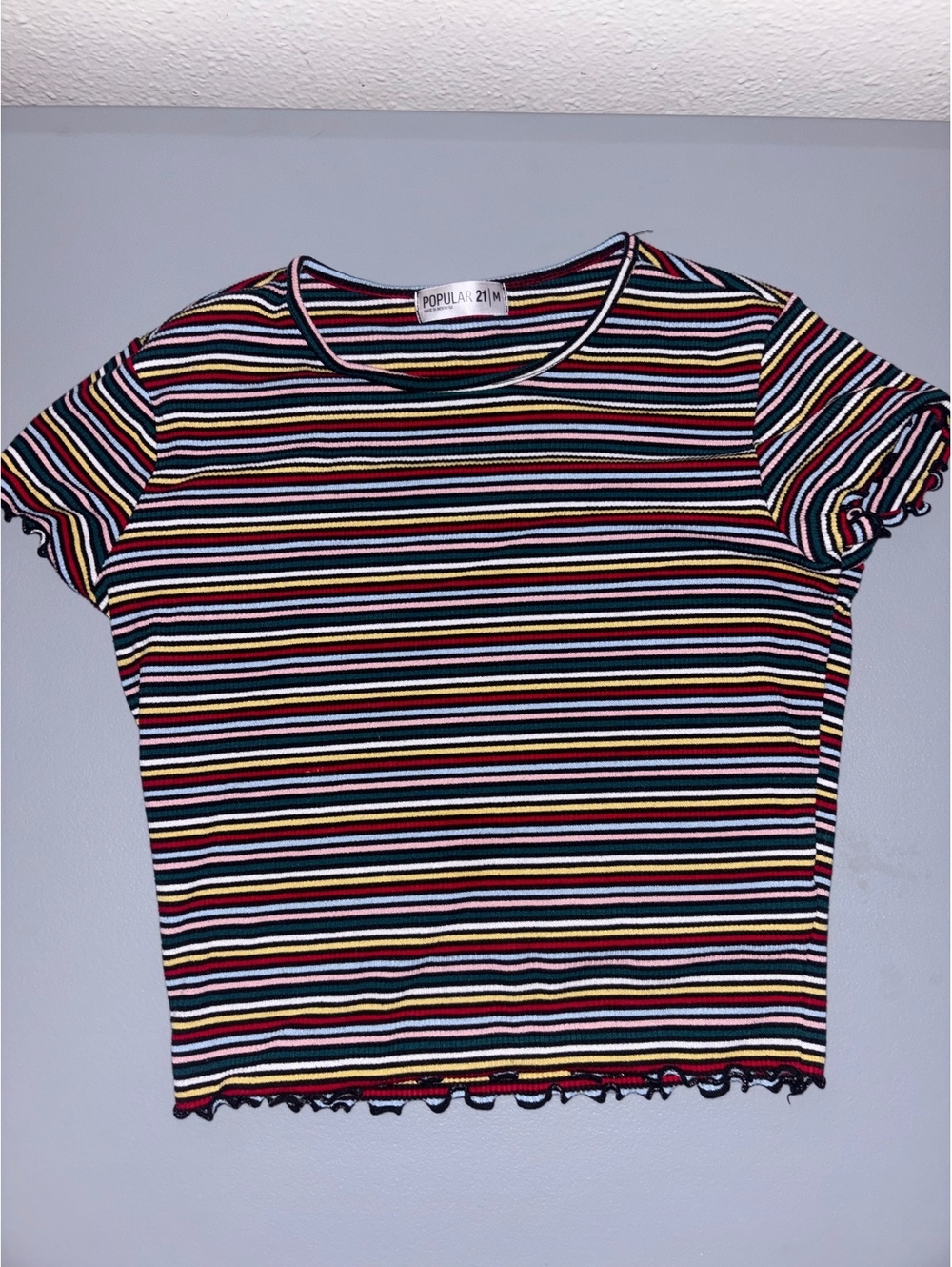 Popular 21 Women’s Striped Baby Tee Size M Multicolor Lettuce Hem Y2K Top